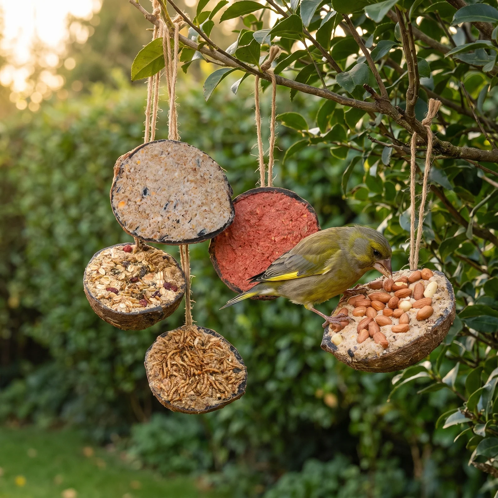 Groenling eet van halve gevulde kokosnoten mixpakket – The Bird Family