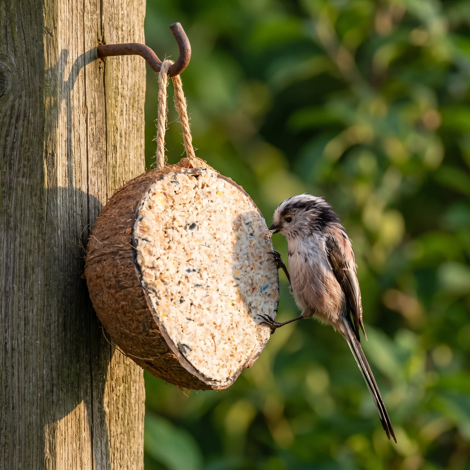 Staartmees eet van halve gevulde kokosnoot classic – The Bird Family