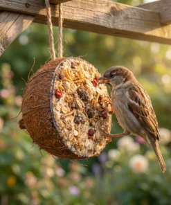Huismus eet van halve gevulde kokosnoot granola – The Bird Family