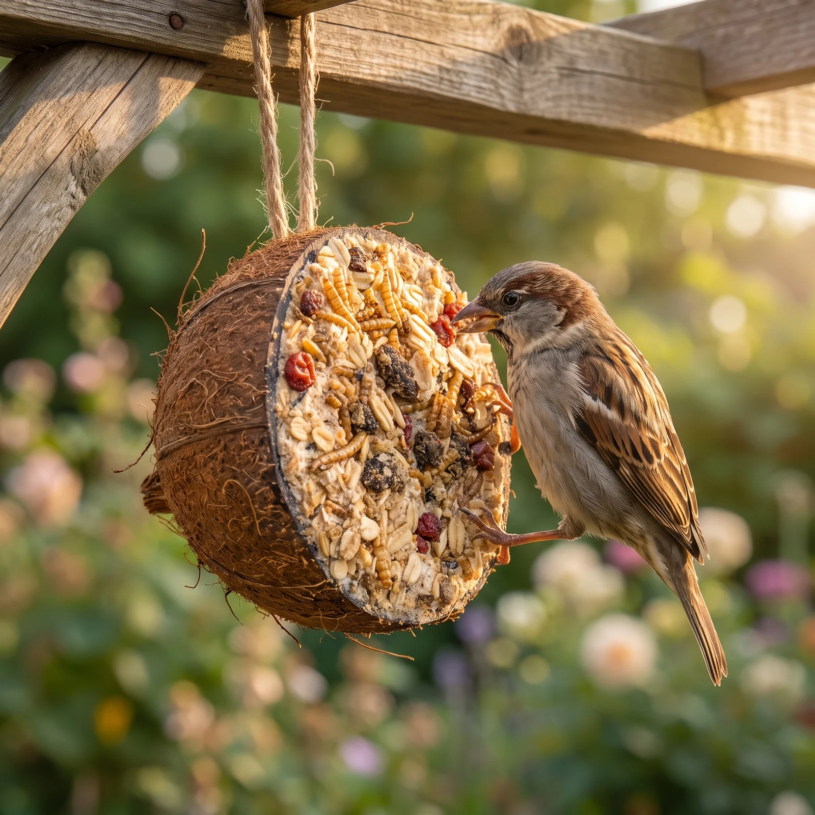 Huismus eet van halve gevulde kokosnoot granola – The Bird Family