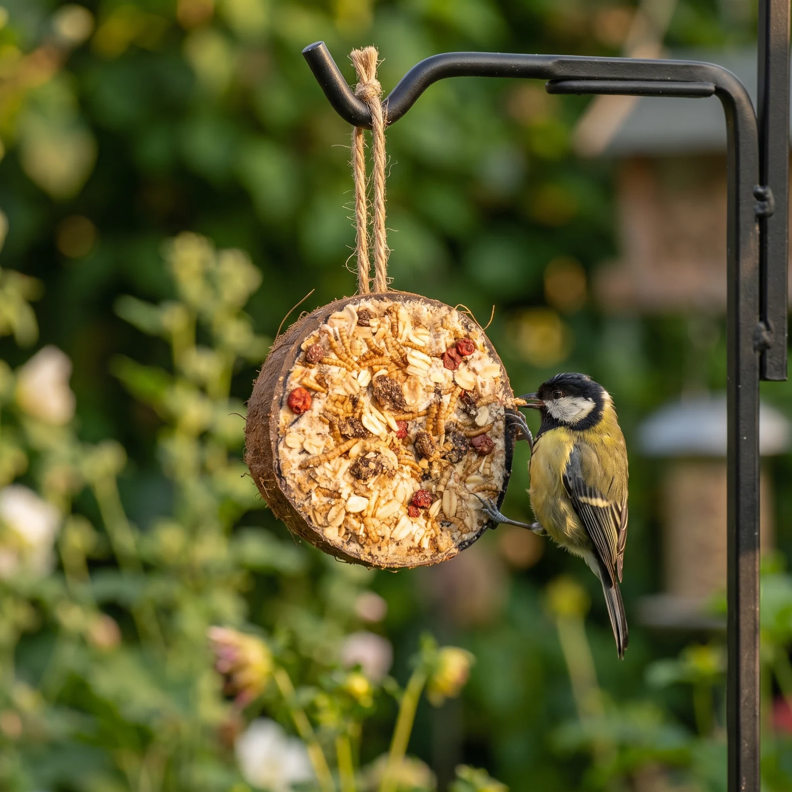 Koolmees eet van halve gevulde kokosnoot granola – The Bird Family
