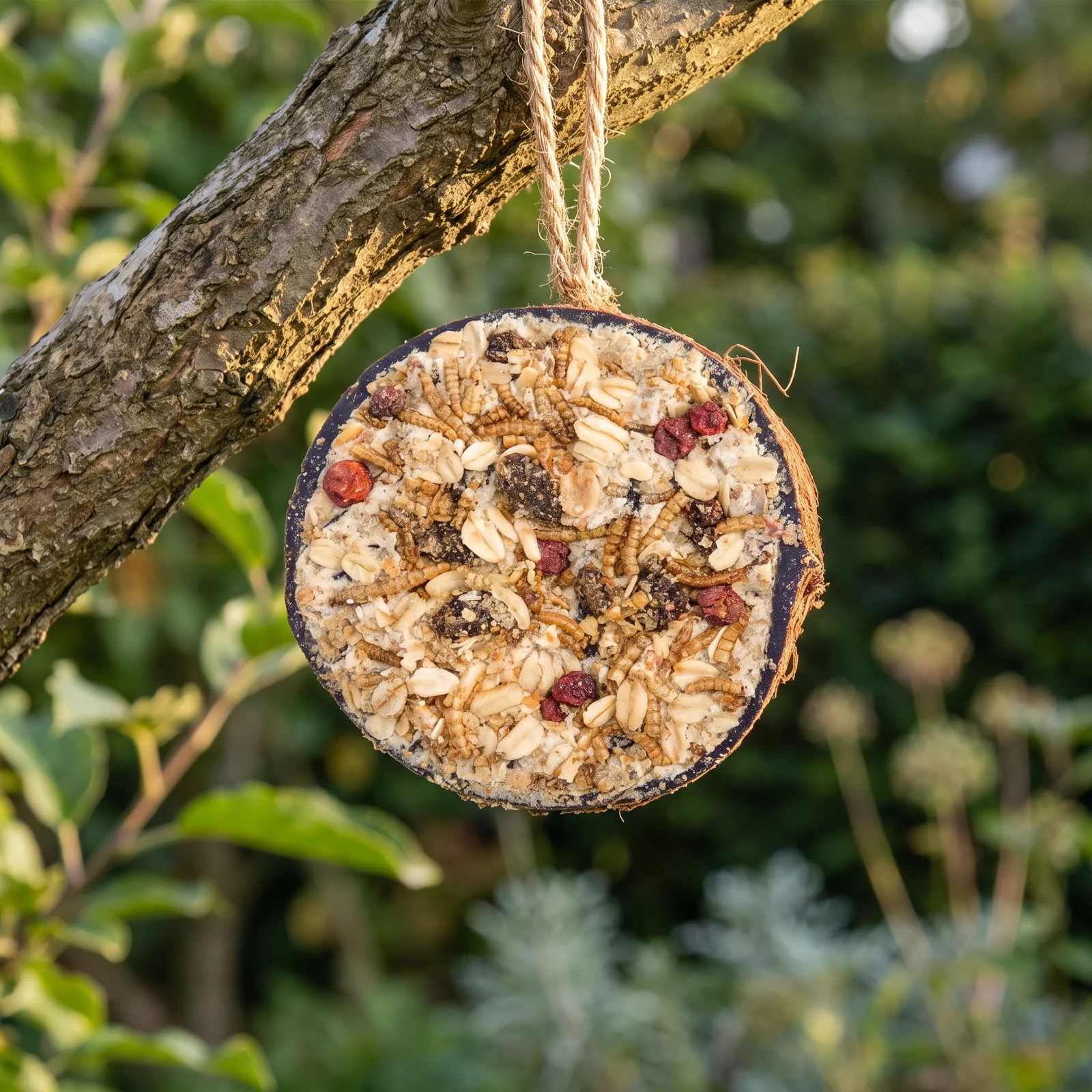 Halve gevulde kokosnoot granola in de tuin – The Bird Family