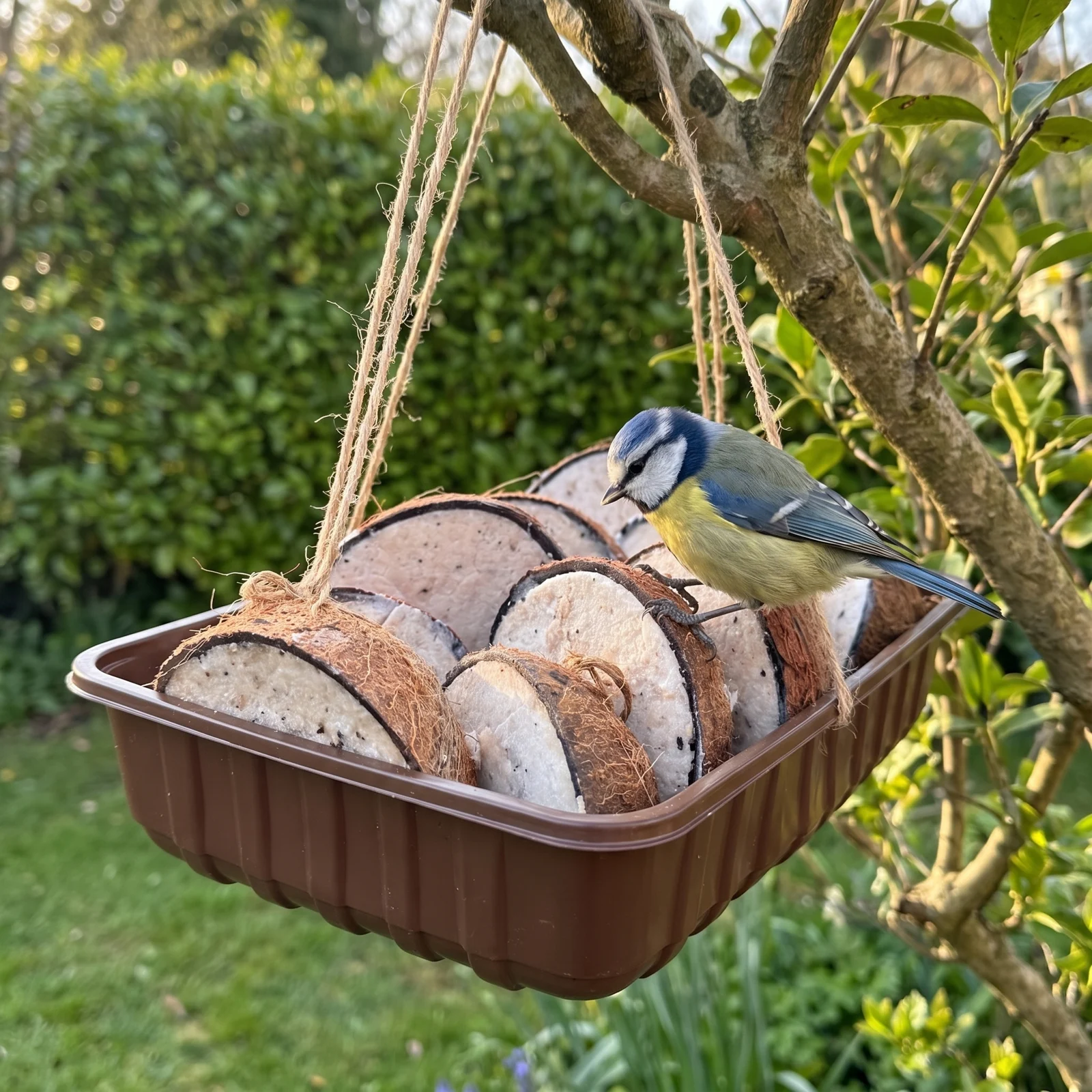 Pimpelmees eet van halve gevulde kokosnoten high energy – The Bird Family