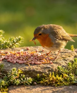 Roodborst eet bessen vetpellets met meelwormen – The Bird Family