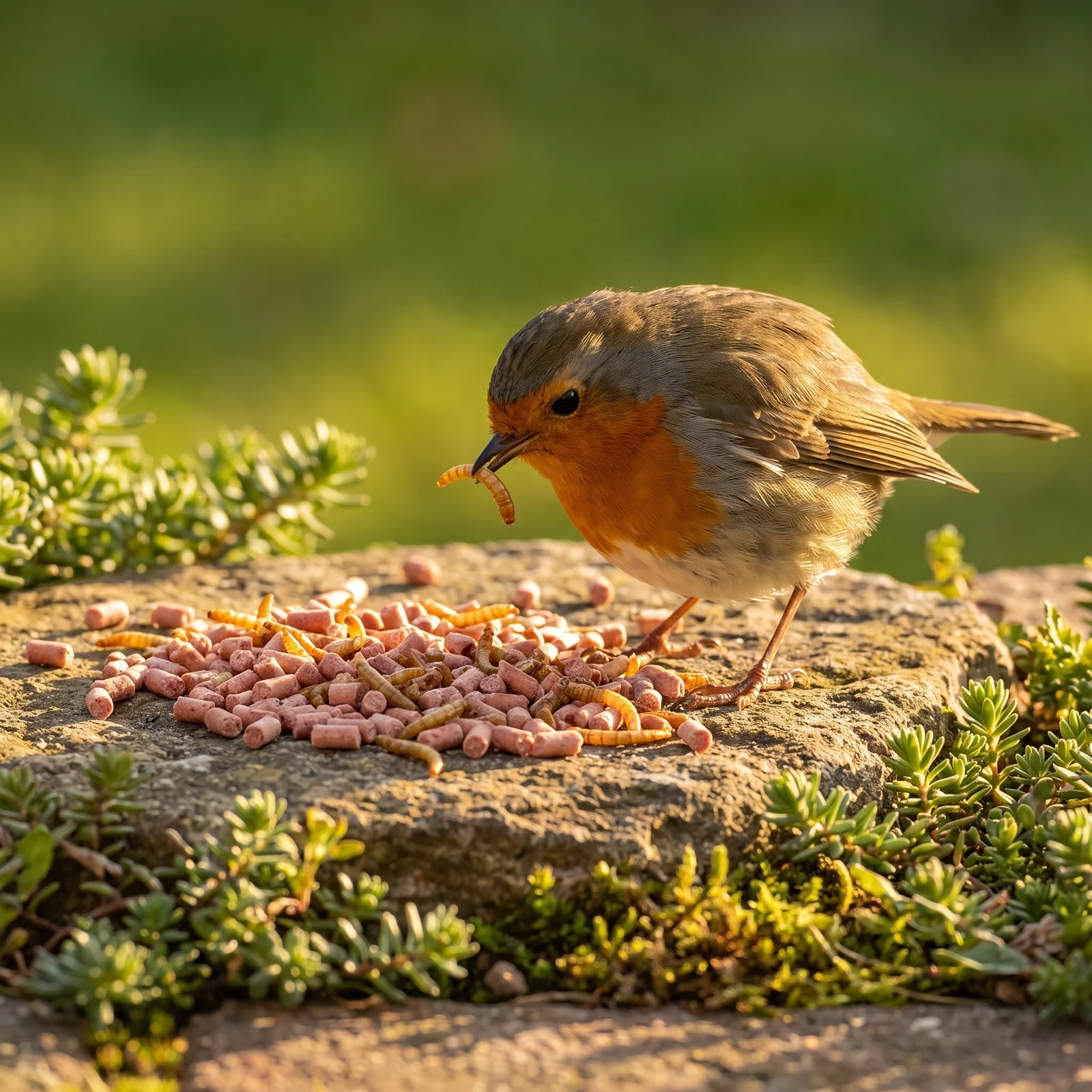 Roodborst eet bessen vetpellets met meelwormen – The Bird Family