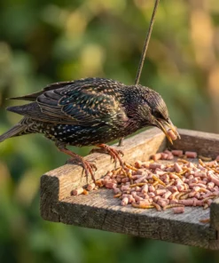 Spreeuw eet bessen vetpellets met meelwormen – The Bird Family