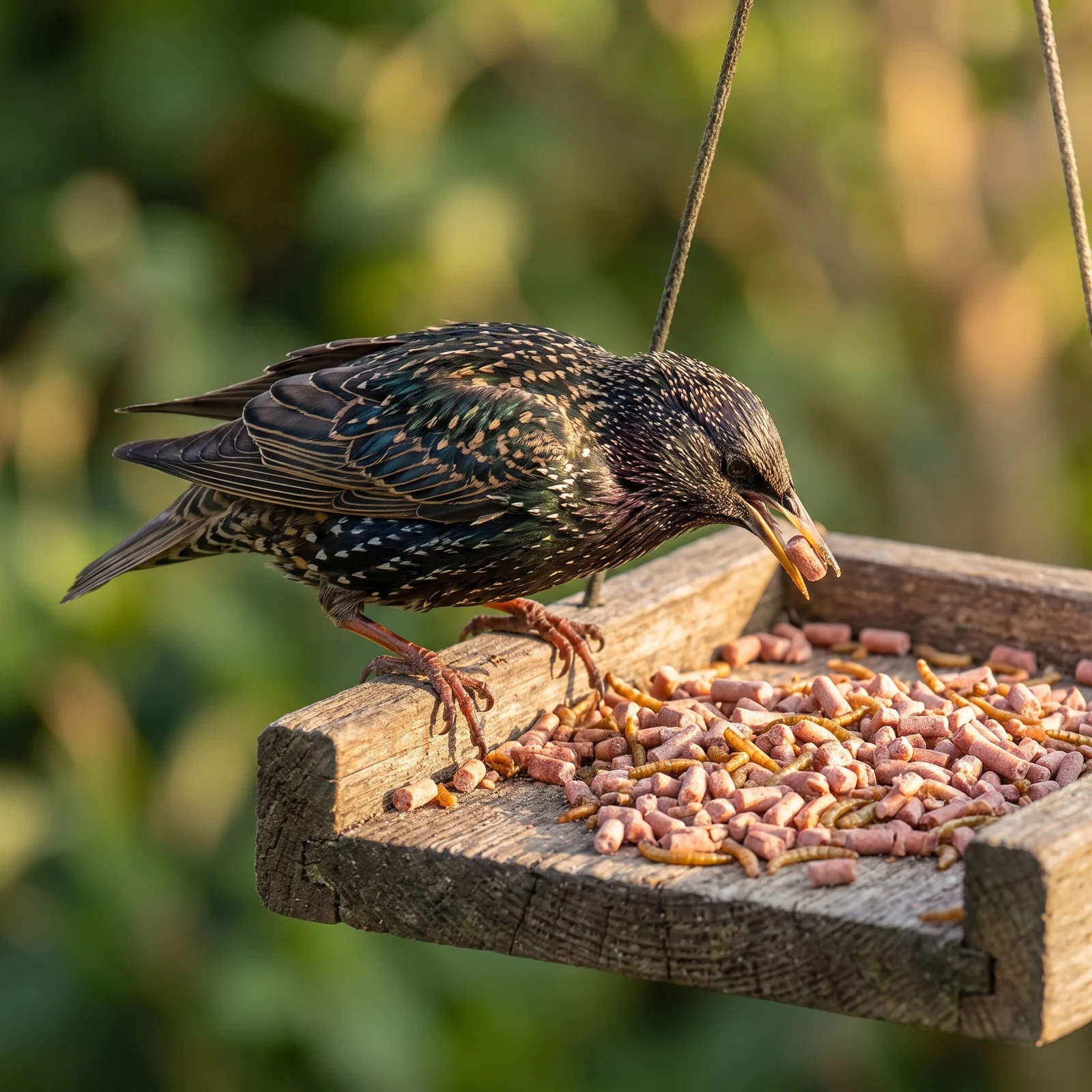 Spreeuw eet bessen vetpellets met meelwormen – The Bird Family