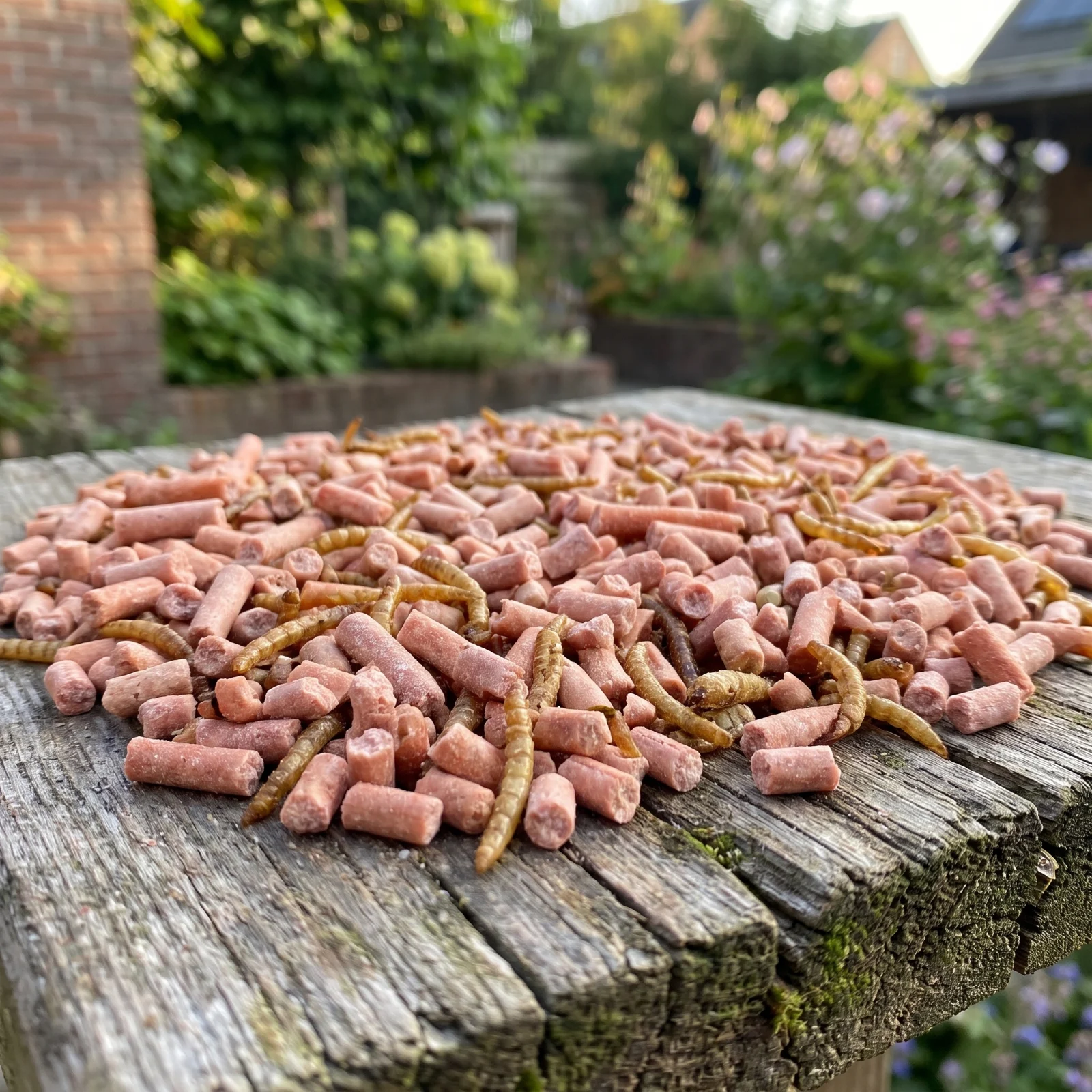 Bessen vetpellets met meelwormen op een voedertafel in de tuin – The Bird Family