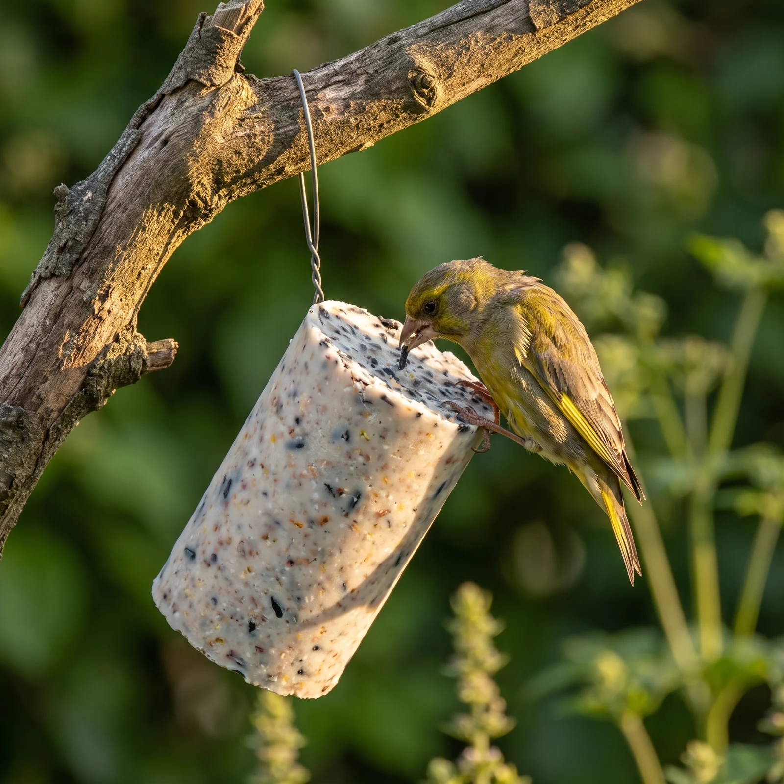 Groenling eet van pindacake zaden – The Bird Family
