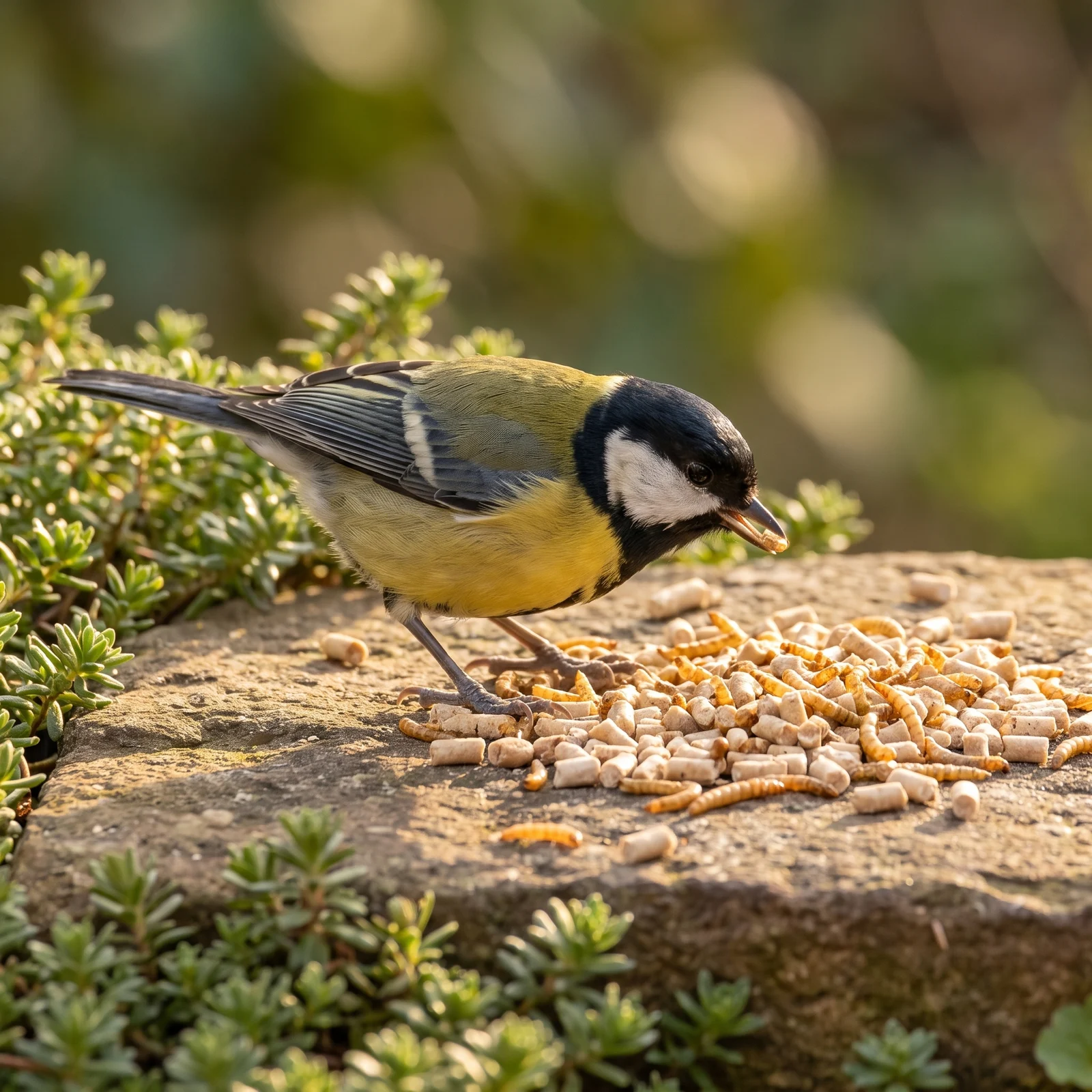 Koolmees eet insecten vetpellets met meelwormen – The Bird Family