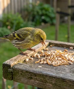 Sijs eet insecten vetpellets met meelwormen – The Bird Family
