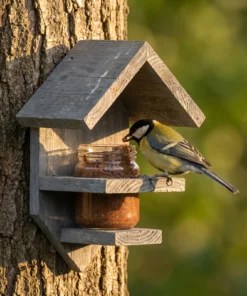 Koolmees eet bij pindakaaspothouder grijs – The Bird Family