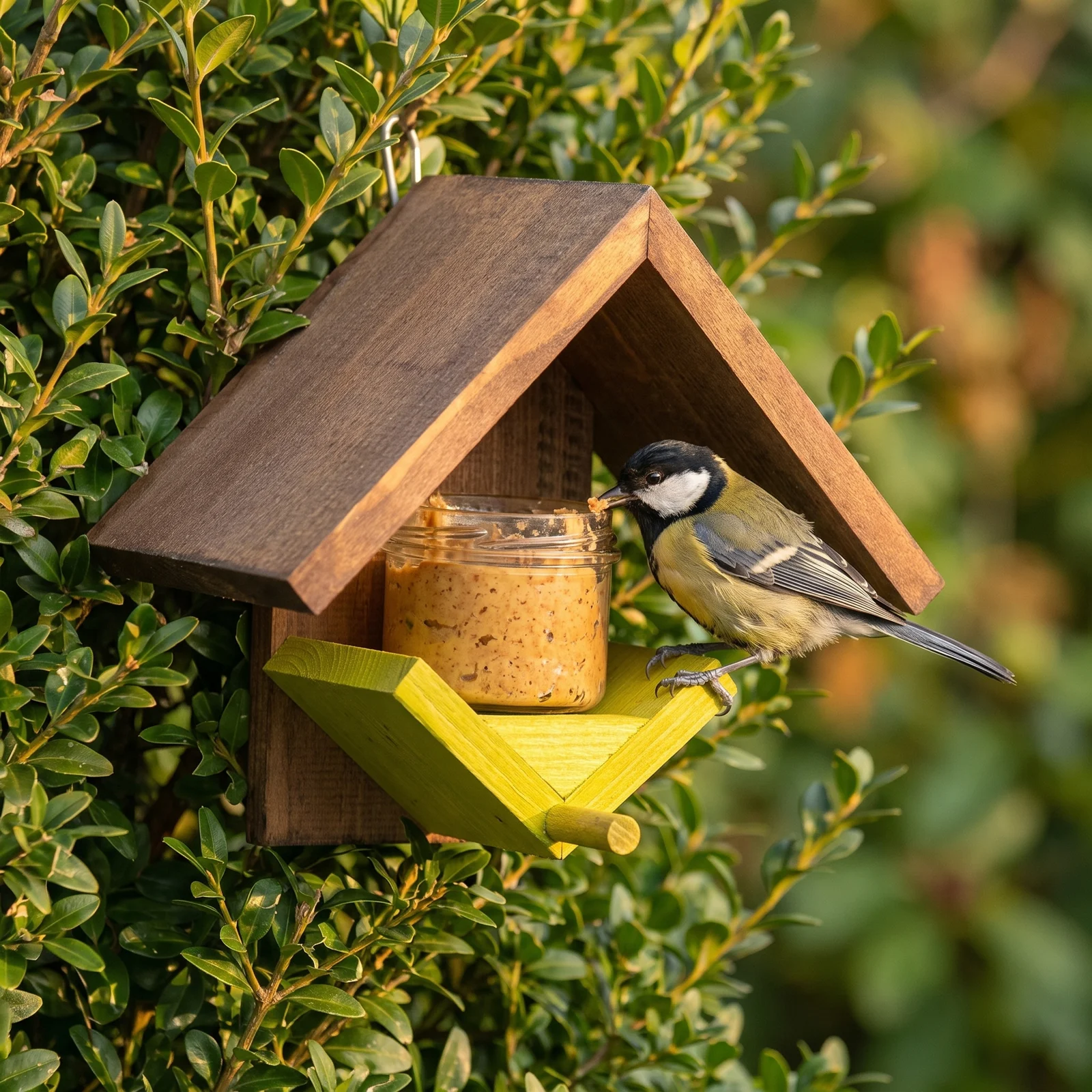 Koolmees eet bij pindakaaspothouder geel – The Bird Family