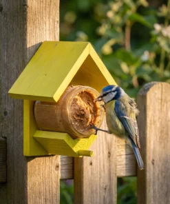 Pimpelmees eet bij pindakaaspothouder geel – The Bird Family