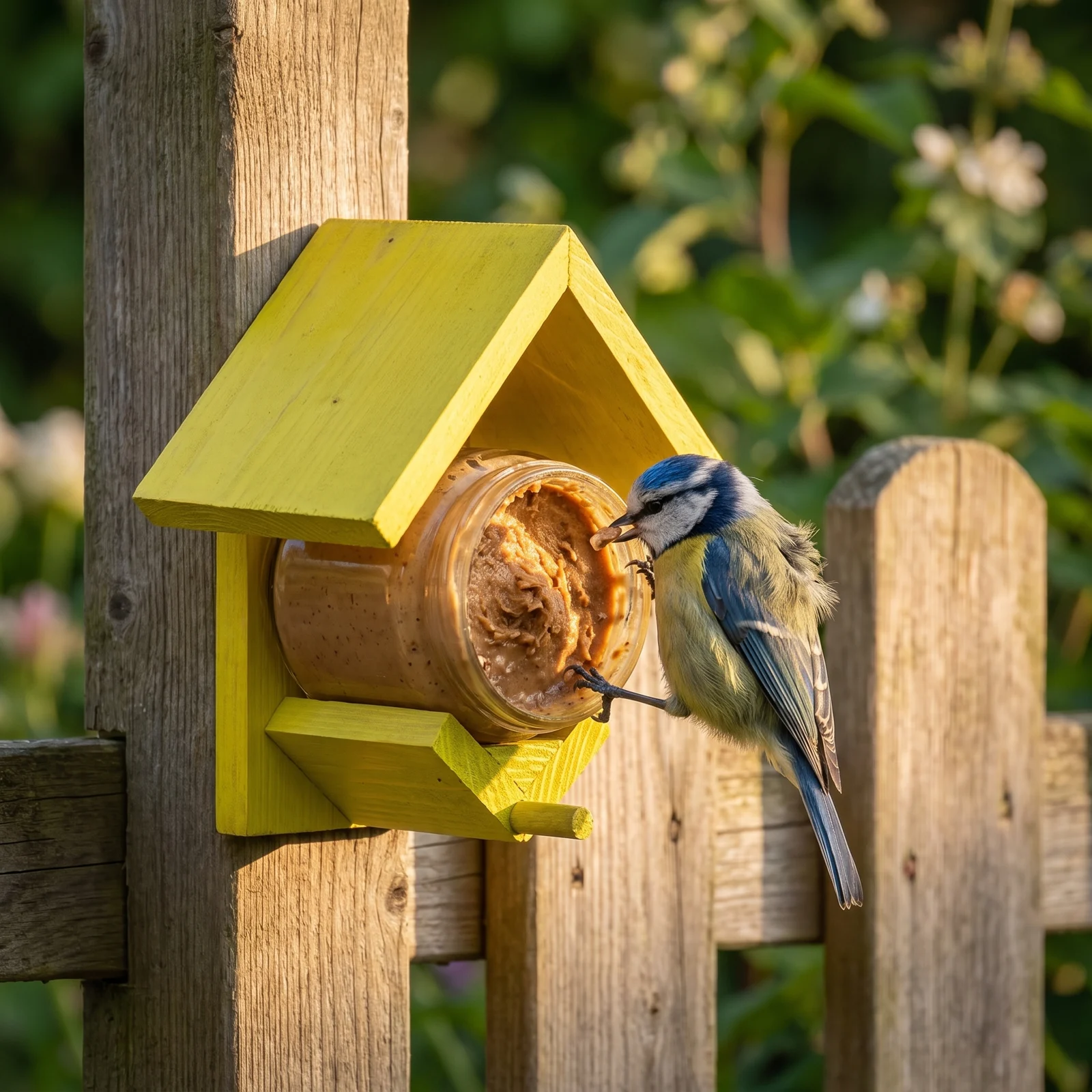 Pimpelmees eet bij pindakaaspothouder geel – The Bird Family