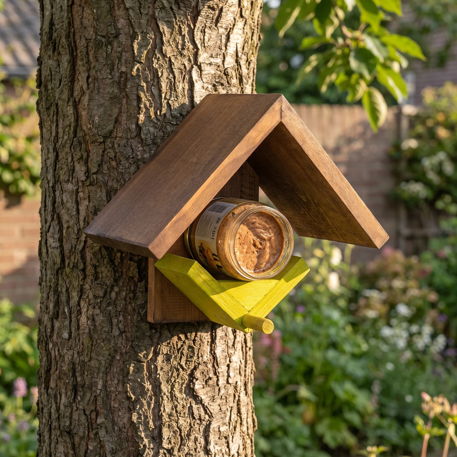Pindakaaspothouder geel in de tuin – The Bird Family