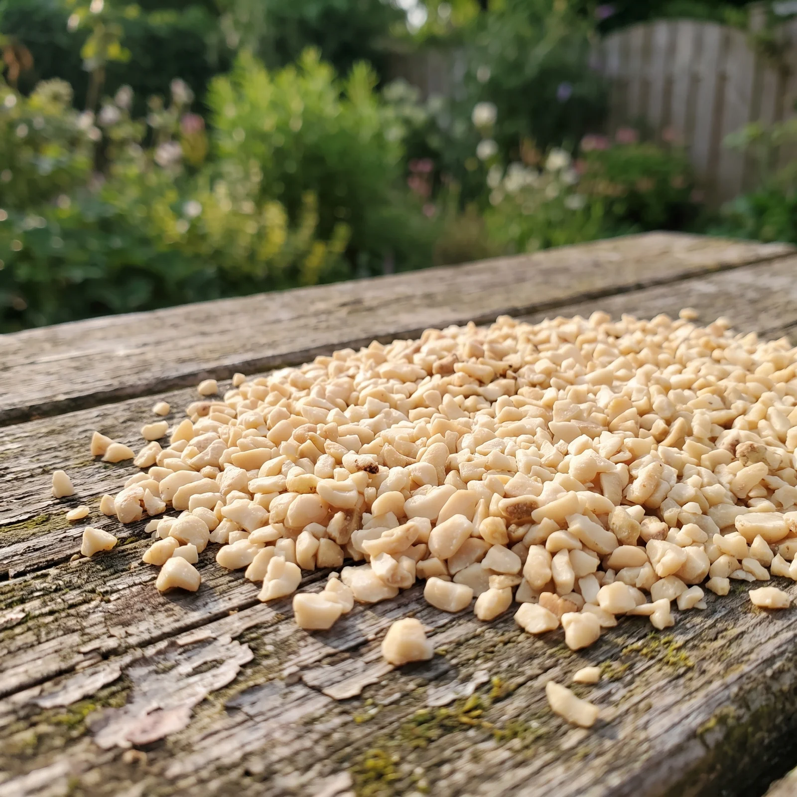 Pindastukjes op een voedertafel in de tuin – The Bird Family