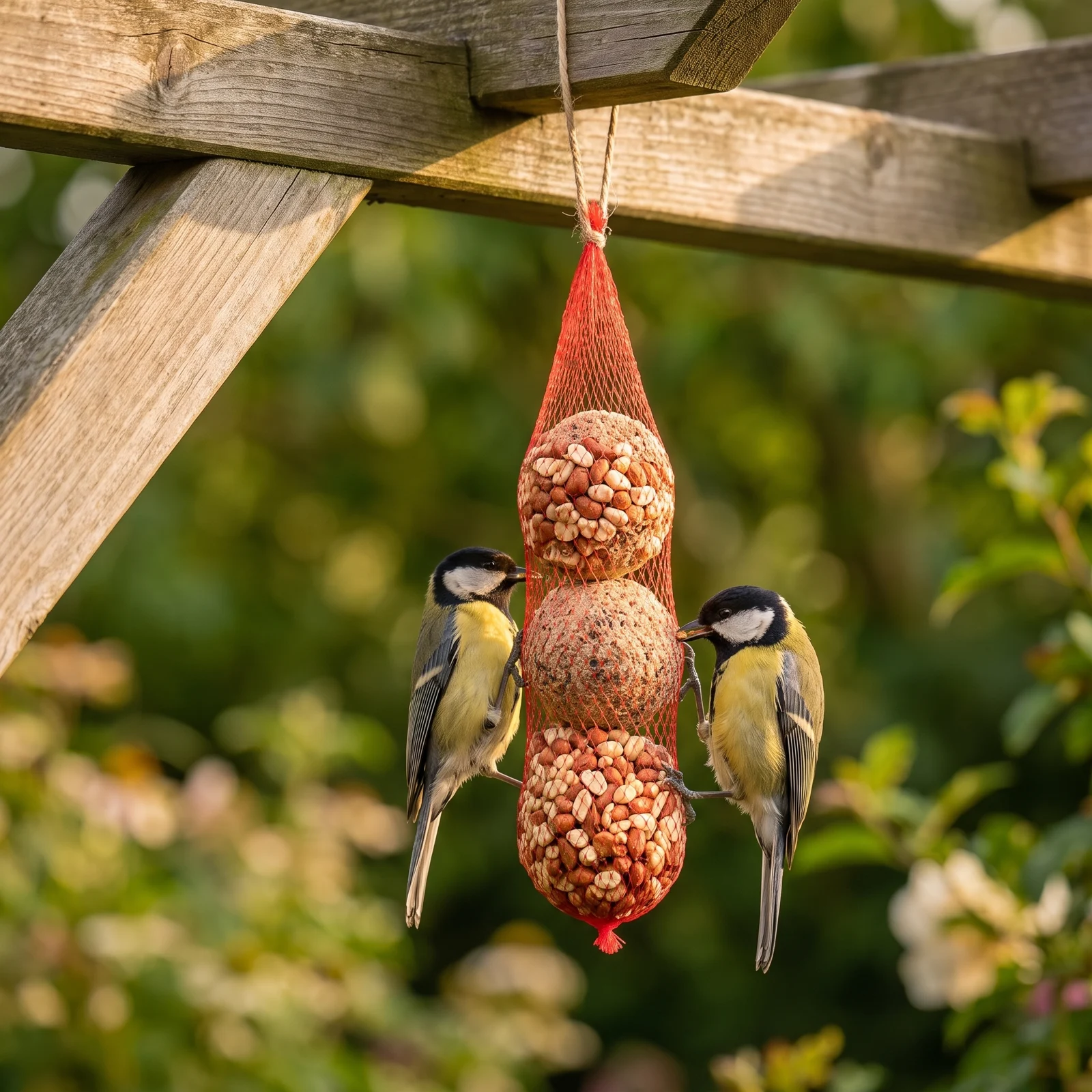 Koolmees eet van pindaslinger met mezenbollen – The Bird Family
