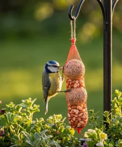 Pimpelmees eet van pindaslinger met mezenbollen – The Bird Family
