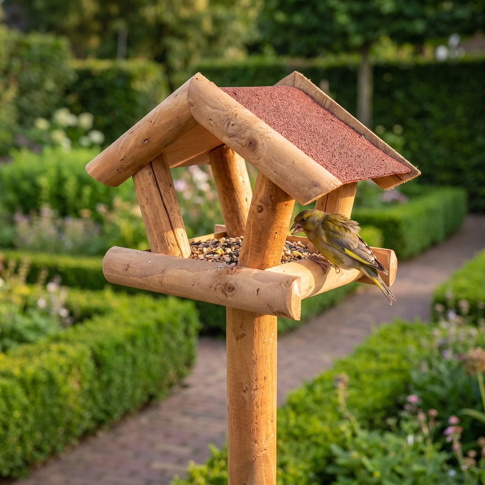 Groenling bij paalvoederhuis rood – The Bird Family
