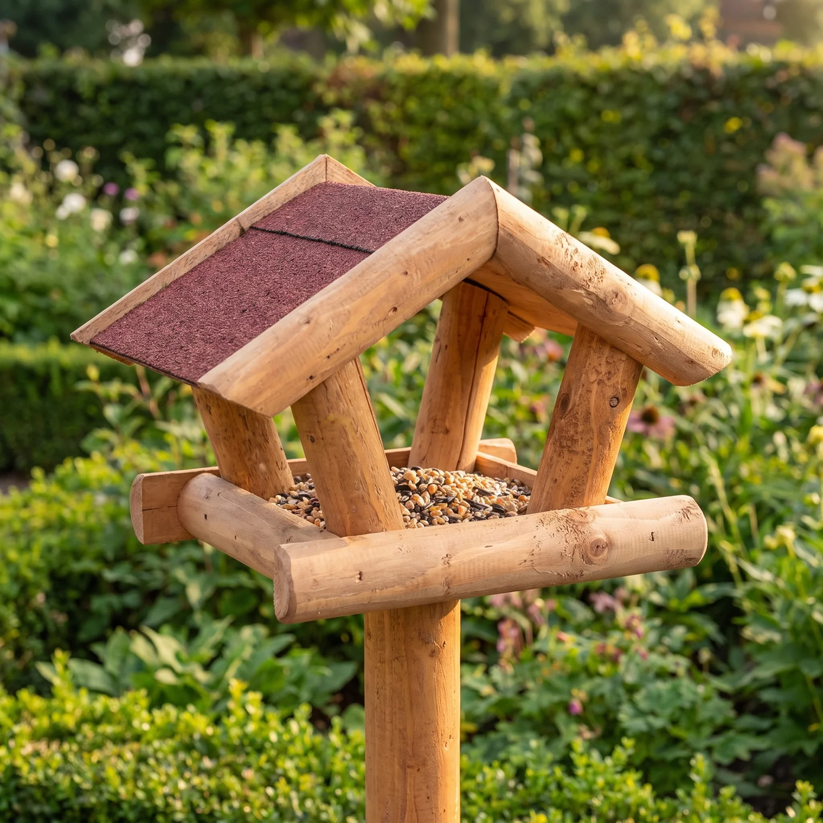 Paalvoederhuis rood in de tuin – The Bird Family