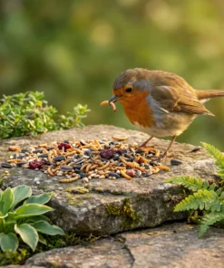 Roodborst eet strooivoer Excellent meelworm en fruit – The Bird Family