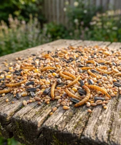 Strooivoer Supra all season met meelwormen op een voedertafel in de tuin – The Bird Family