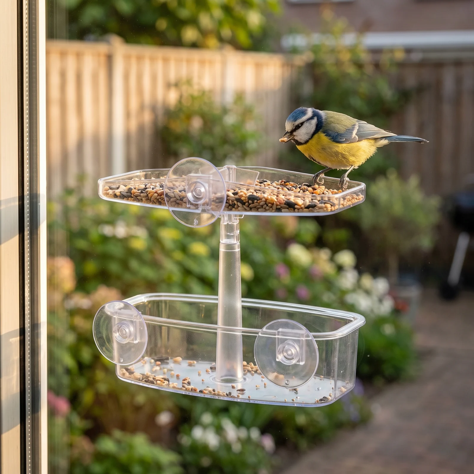 Pimpelmees bij raamvoederhuis – The Bird Family