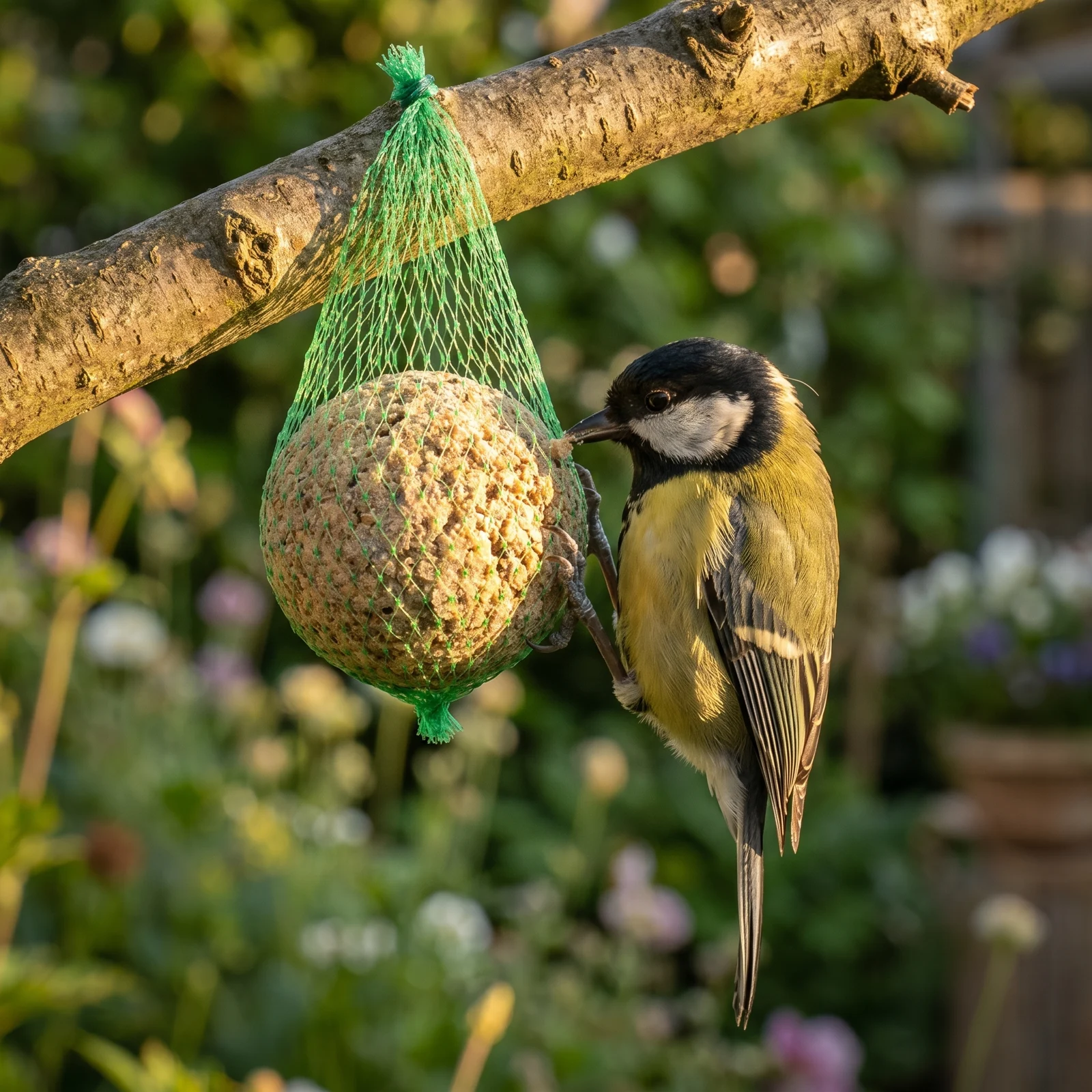 Koolmees eet van vetbollen premium mix met net – The Bird Family