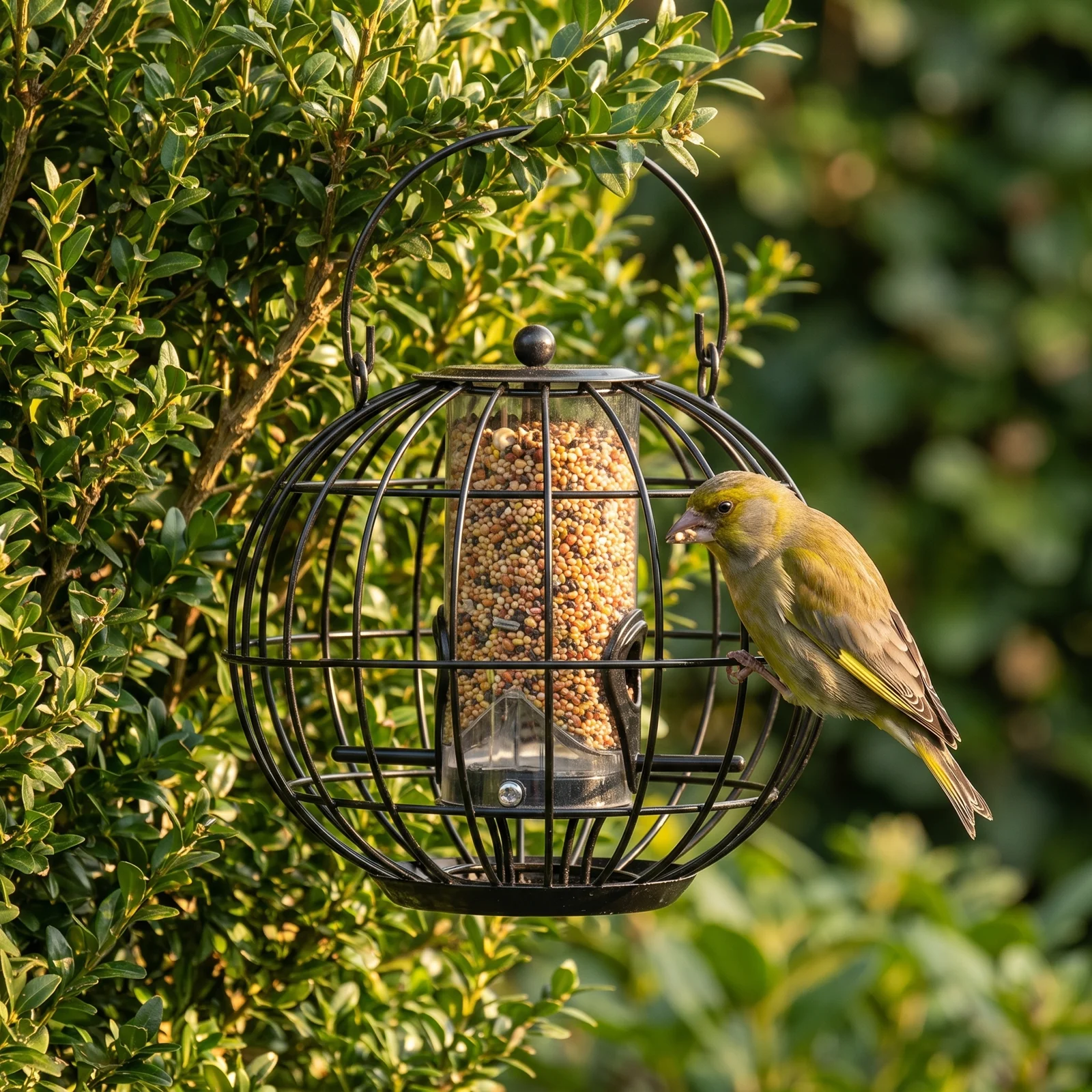 Groenling eet uit zadensilo Calla – The Bird Family