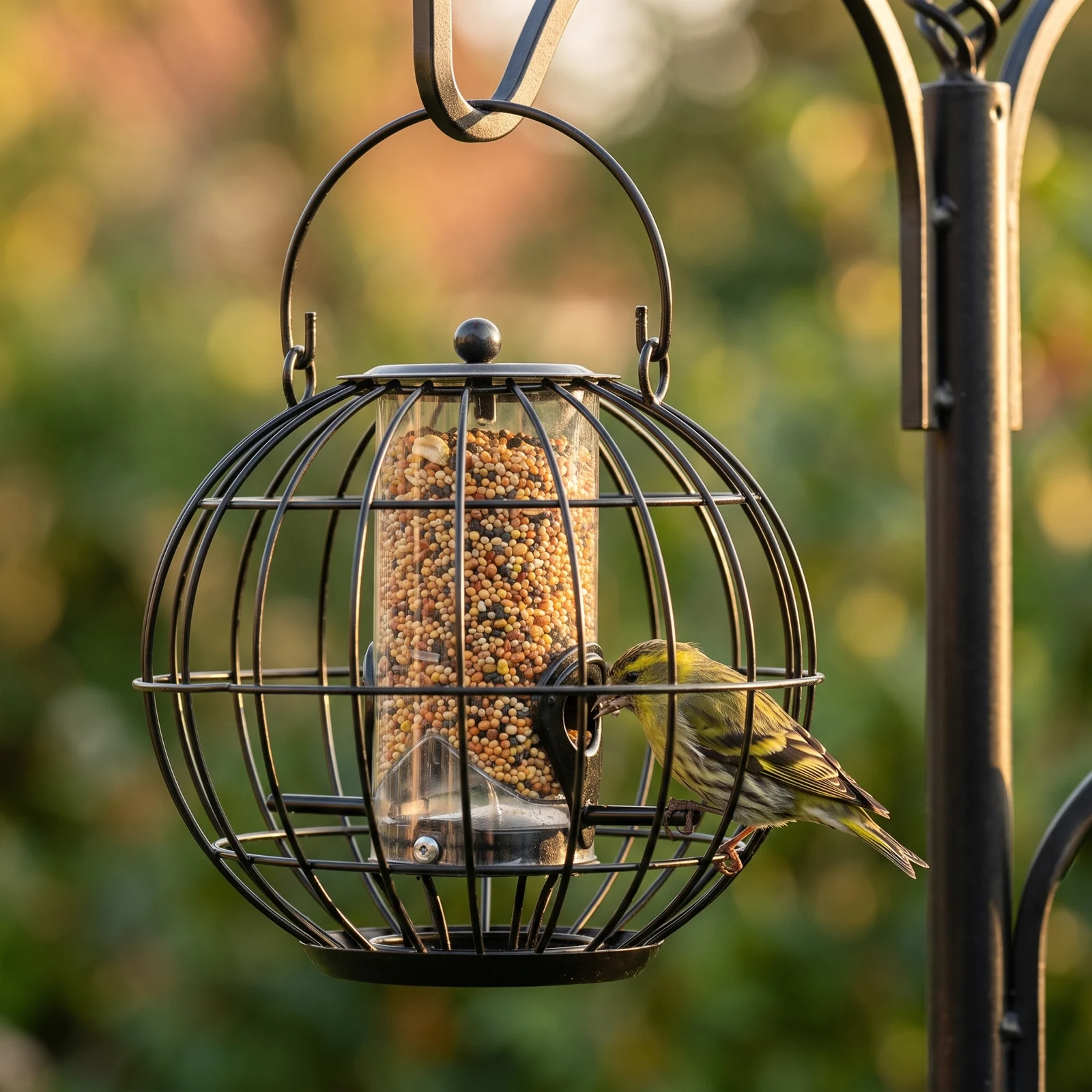 Sijs eet uit zadensilo Calla – The Bird Family