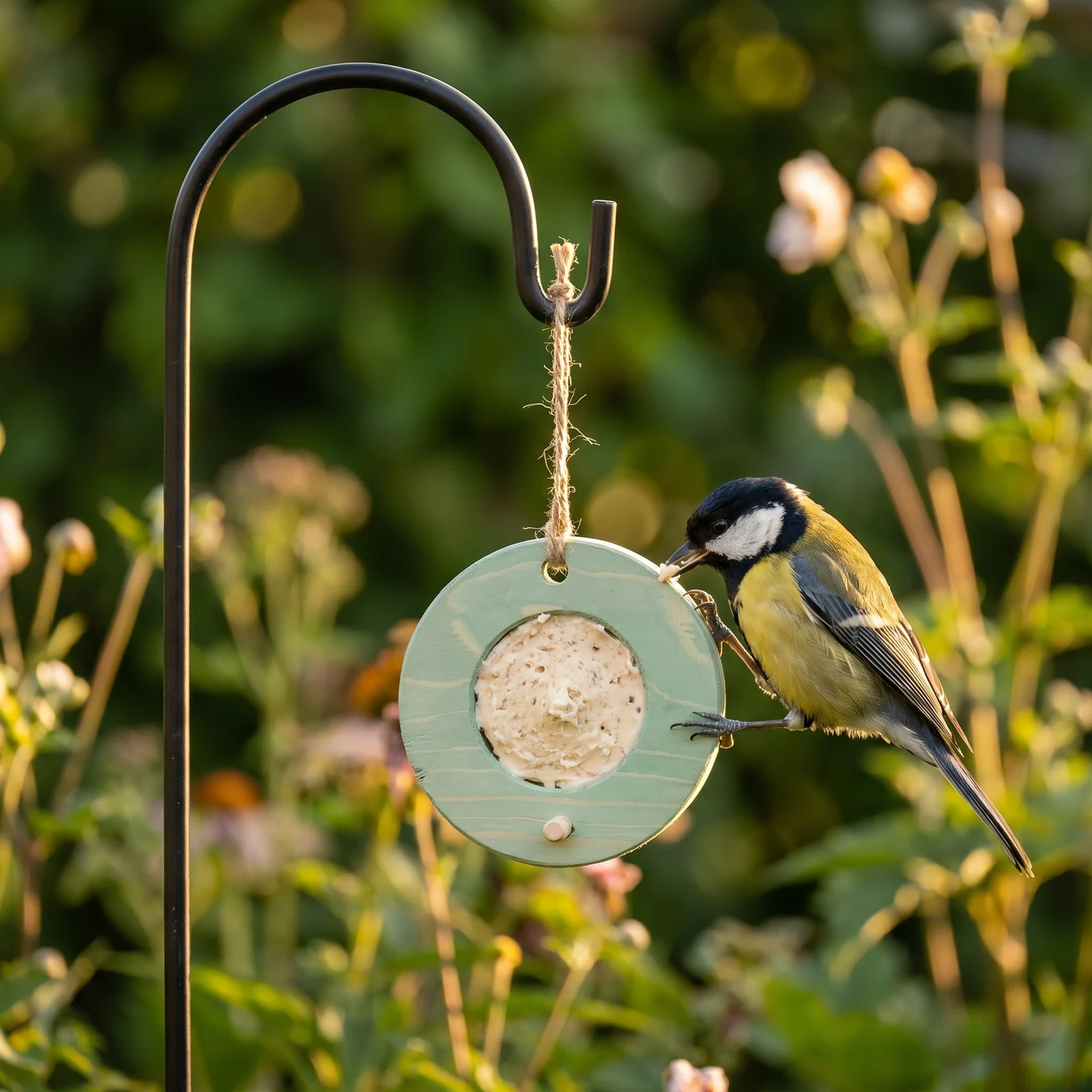Koolmees eet van vogelmousse voederring groen – The Bird Family