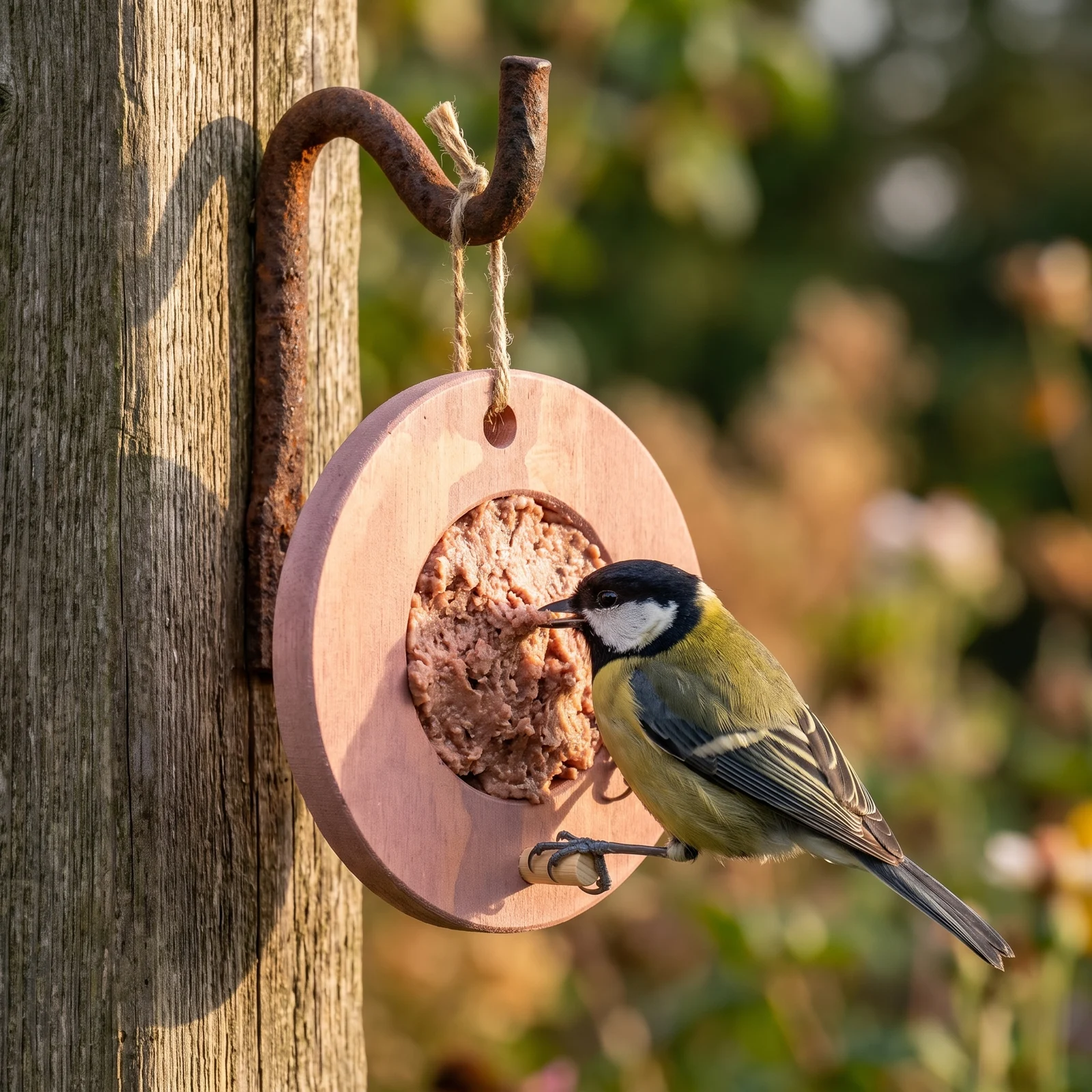 Koolmees eet van vogelmousse voederring roze – The Bird Family