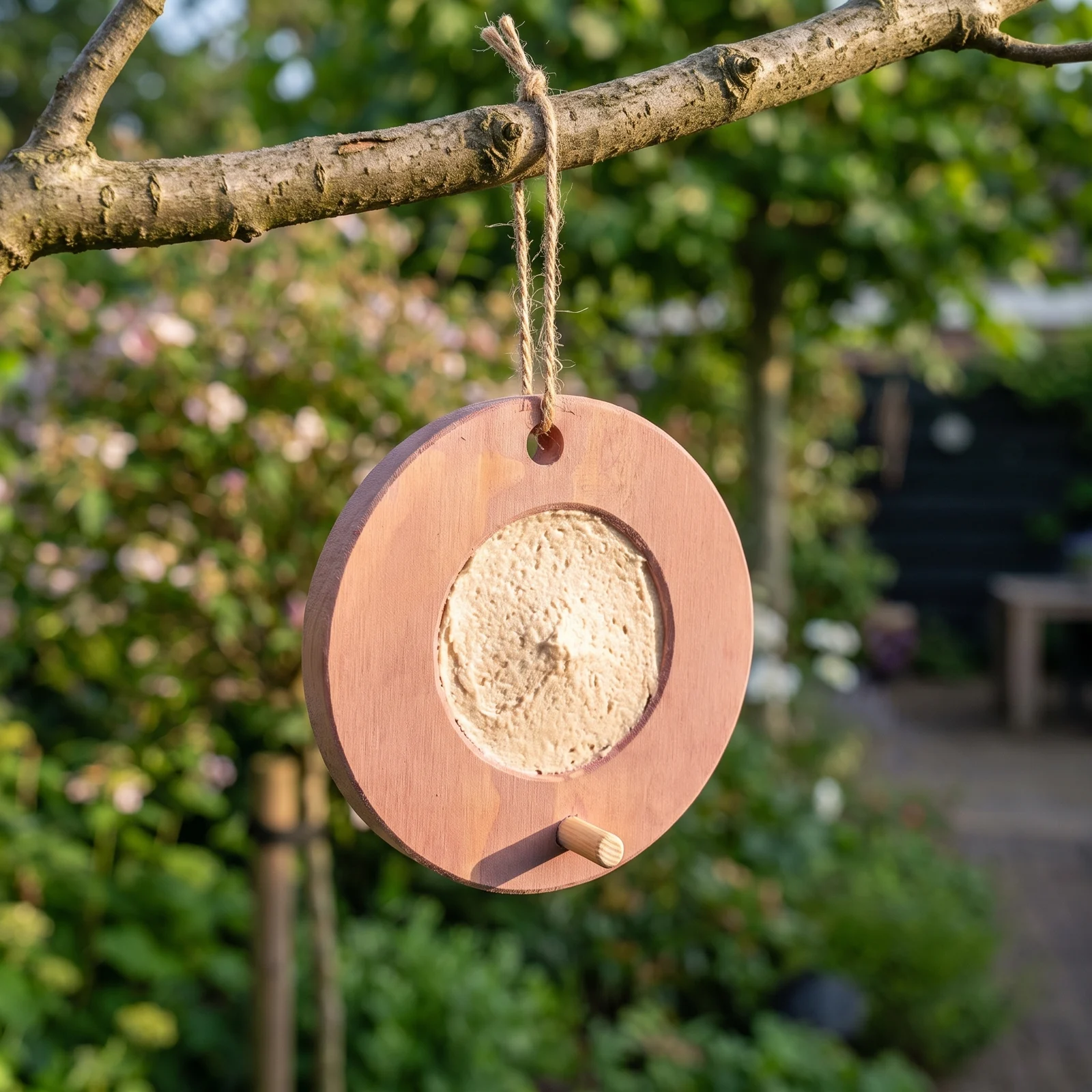 Vogelmousse voederring roze in de tuin – The Bird Family