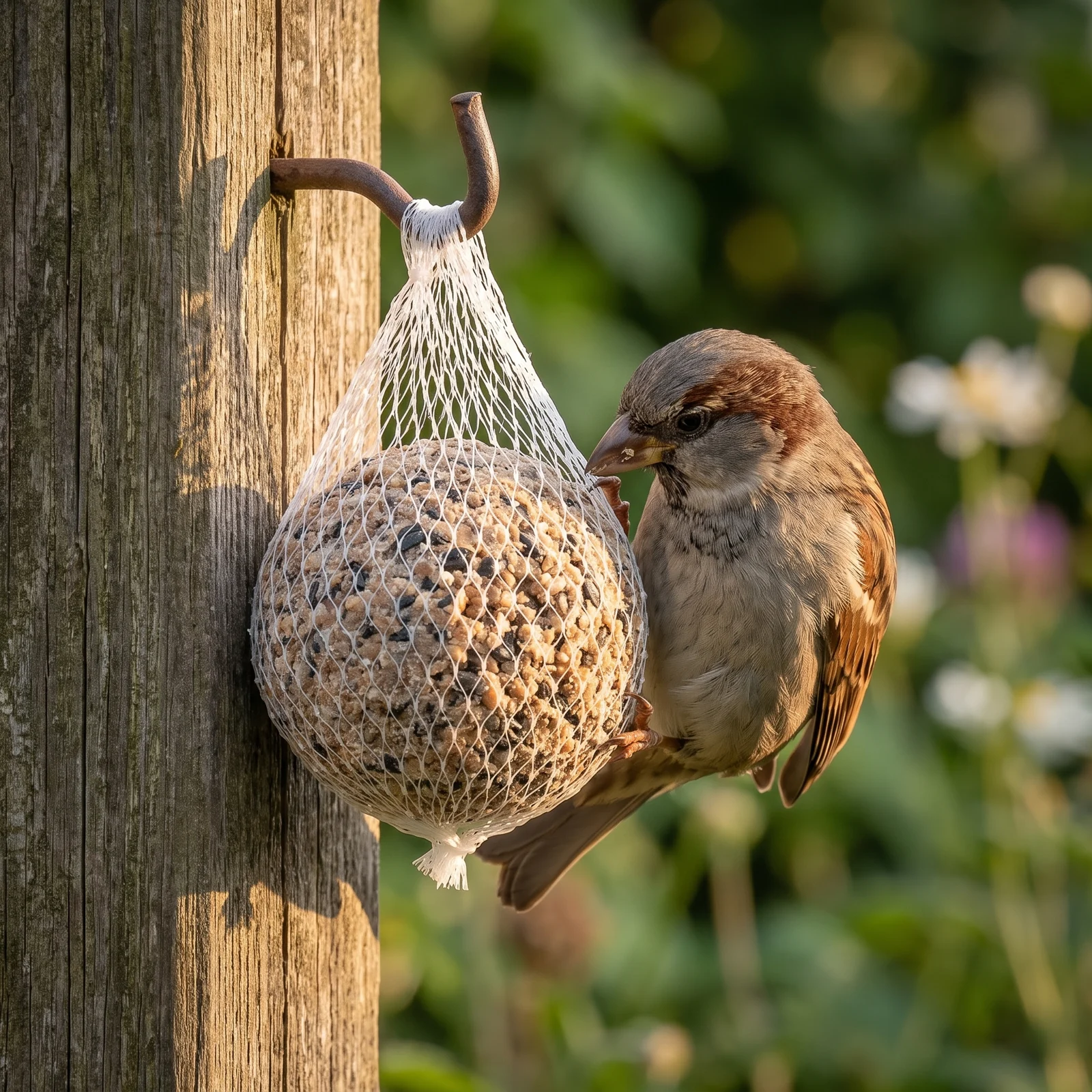 Huismus eet van vetbollen zonnepit met net – The Bird Family