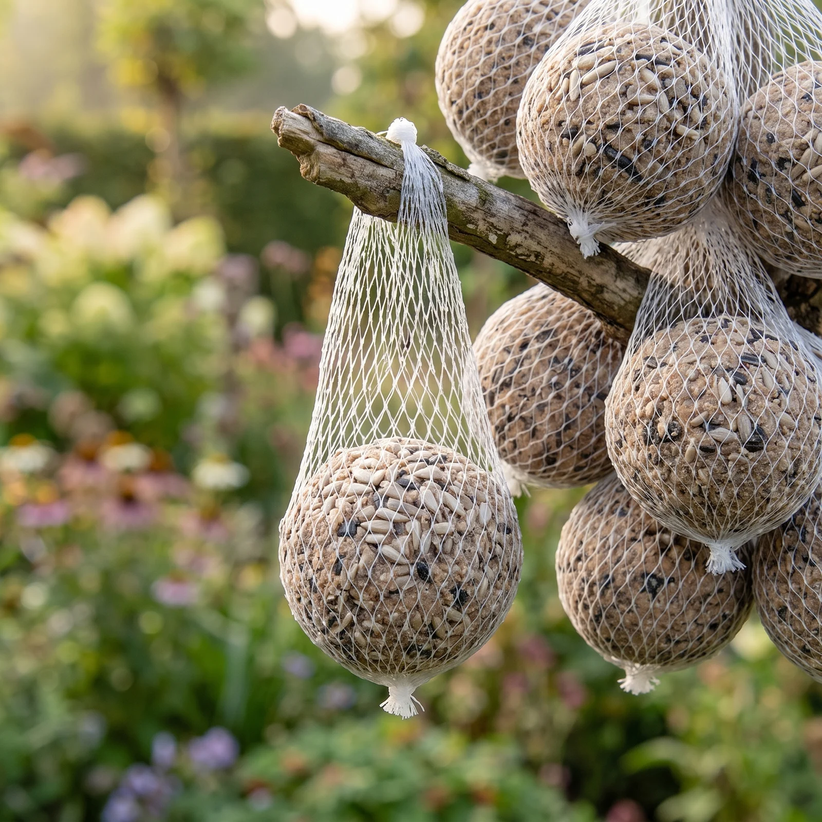 Vetbollen zonnepit met net in de tuin – The Bird Family