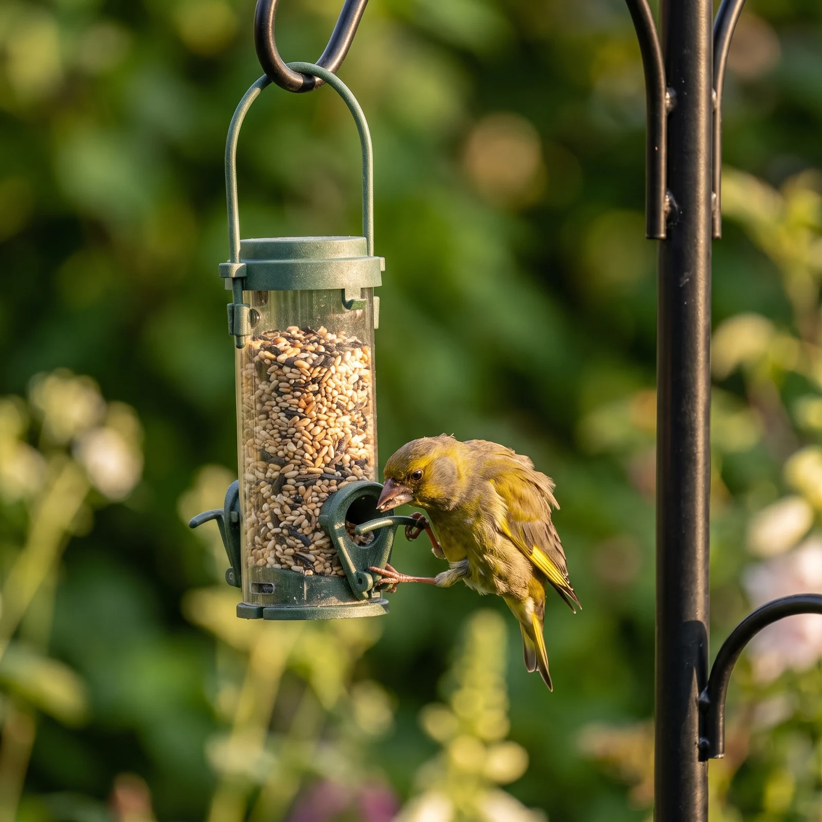 Groenling eet uit zadensilo klein – The Bird Family