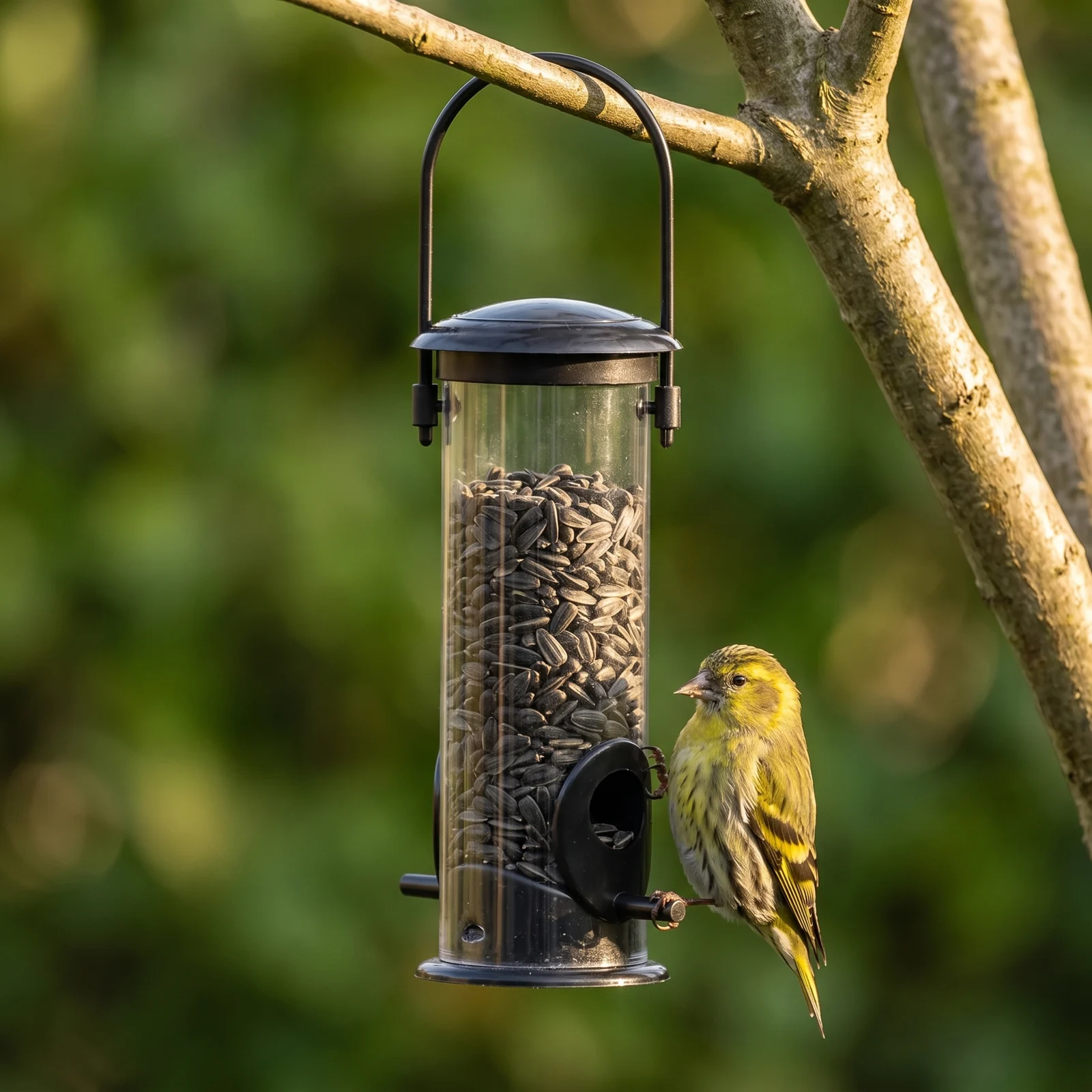 Sijs bij een zwarte vogelvoedersilo met transparant reservoir