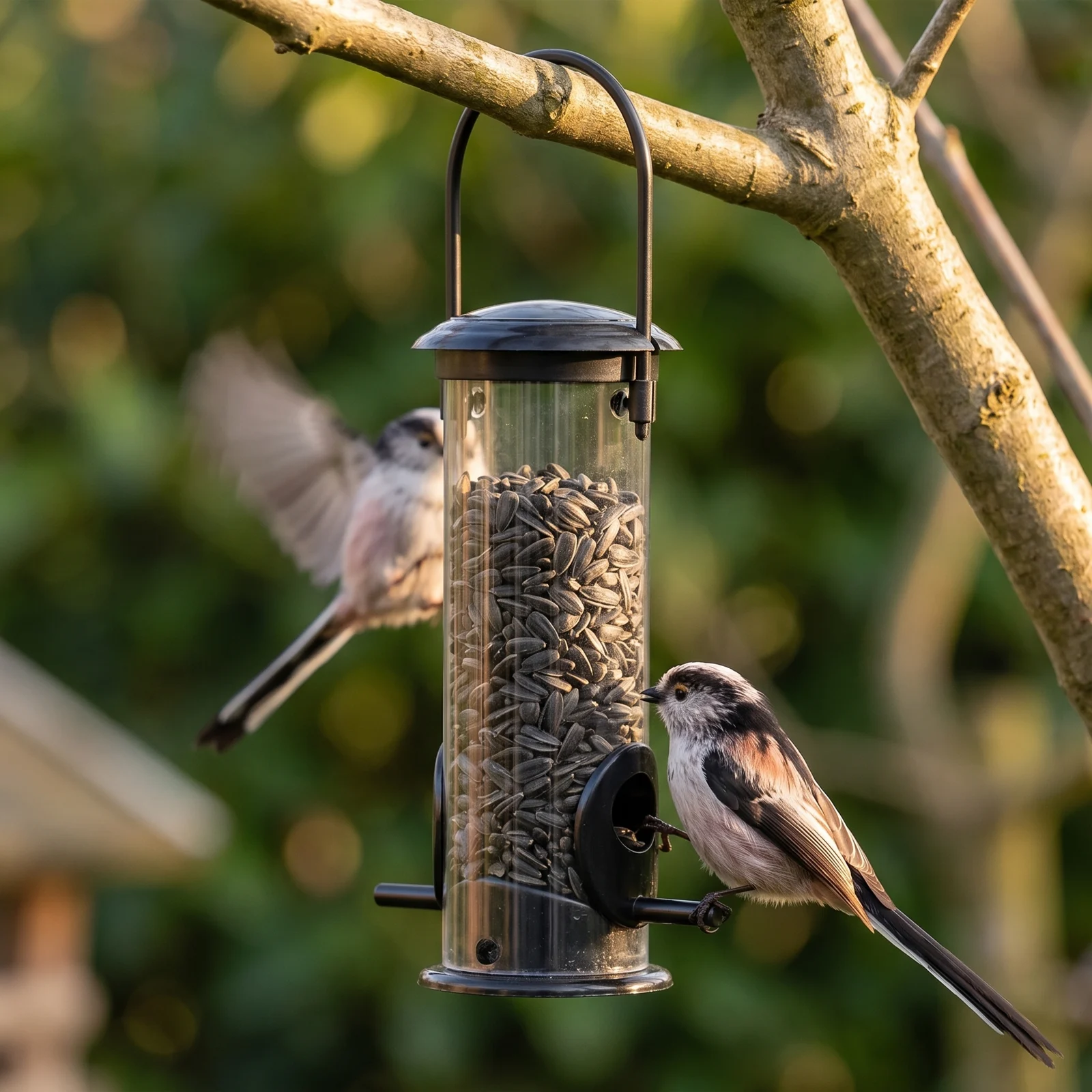 Staartmezen bij een hangende vogelvoedersilo in de tuin