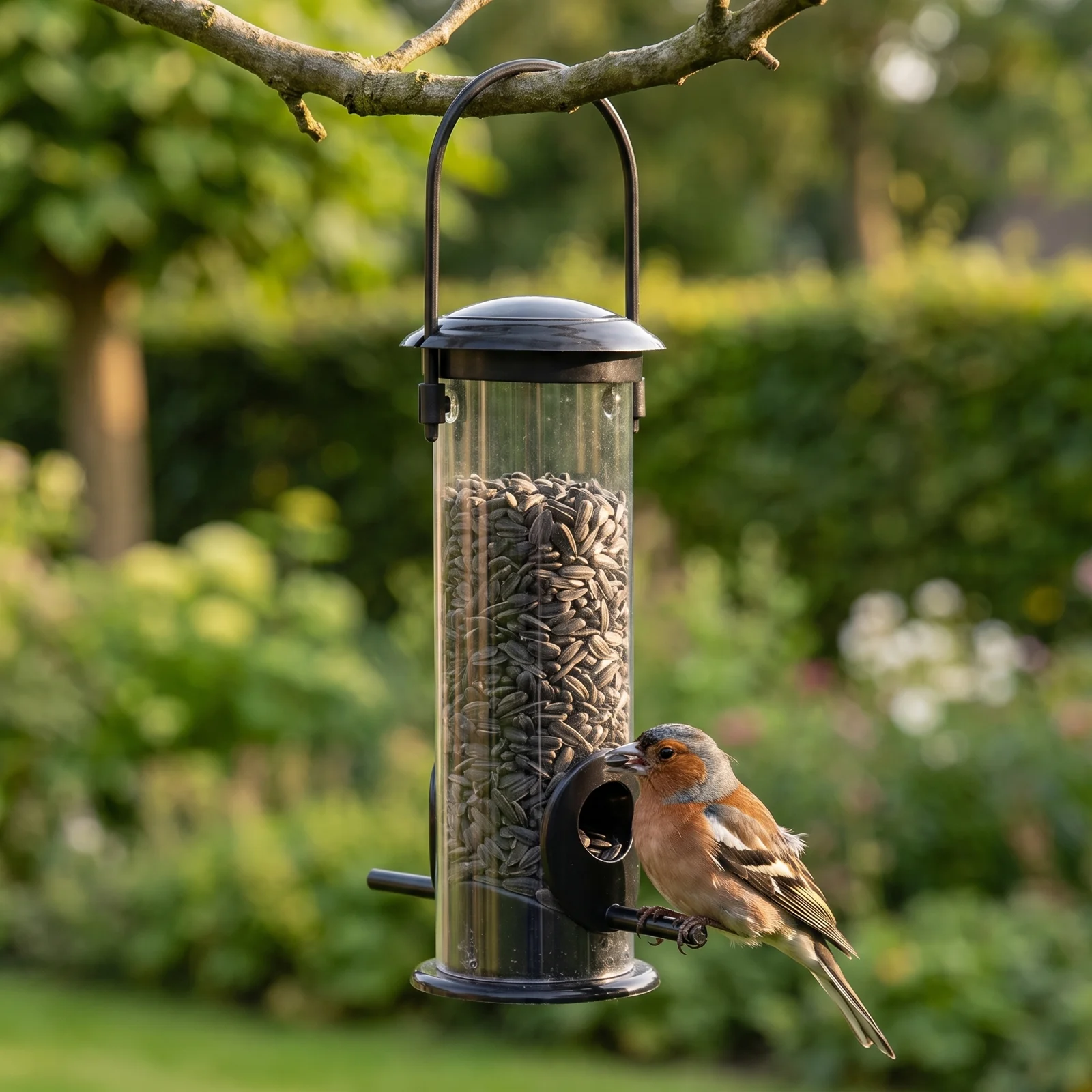 Vink eet zonnebloempitten uit een zwarte vogelvoedersilo